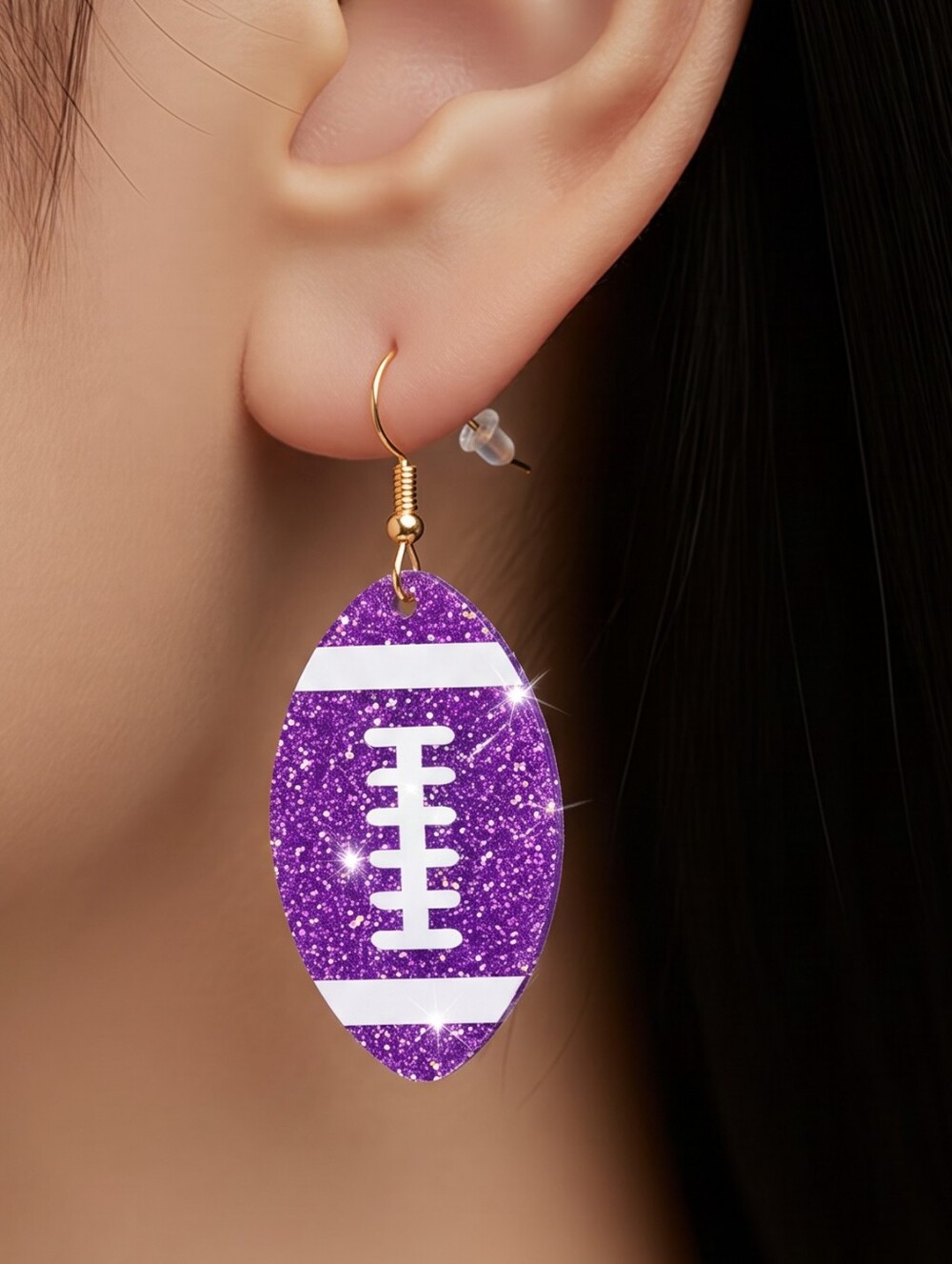 Purple Glitter Football Dangle Earrings Acrylic Team Spirit Sports Mom Jewelry